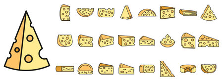 Cheese product icons set. Outline set of cheese product vector icons thin line color flat on whiteのイラスト素材