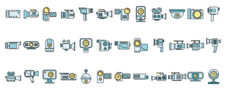 Camcorder device icons set. Outline set of camcorder device vector icons thin line color flat on whiteのイラスト素材