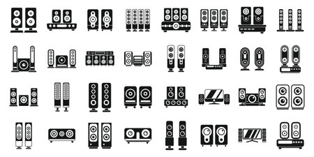 Home theater icons set simple vector. Speaker audio. Center digital projectorのイラスト素材