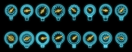 Gauge manometer icons set outline vector. Pressure meter. Machine sensor neon isolatedのイラスト素材