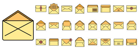 Envelope icons set outline vector. Blank mail. Postal card template color line isolatedのイラスト素材