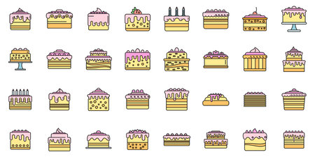 Cake icons set outline vector. Cream dessert. Bakery party color line isolated