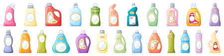 Bleach icons set cartoon vector. Clean bottle product. Plastic liquid containerのイラスト素材