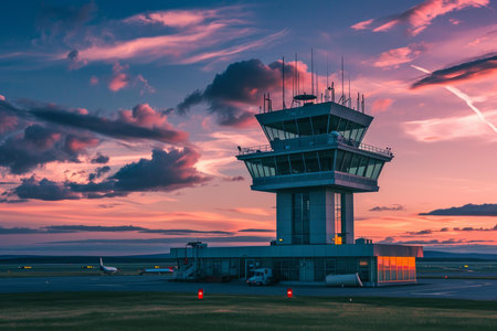 Airport control tower. Tall and glassy building with spectacular sunset. Generate AIの素材