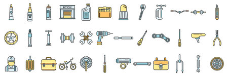 Bicycle repair icons set outline vector. Bike element. Bicycle parts equipment thin line color flat isolatedのイラスト素材