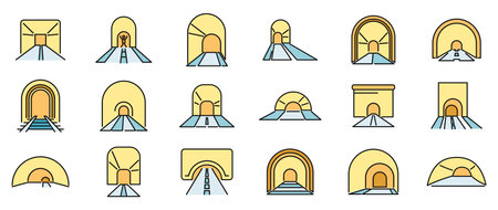 Tunnel icons set outline vector. Rail track. Metro arch thin line color flat isolatedのイラスト素材
