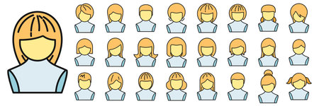 Wig icons set outline vector. Woman hair. Girl style thin line color flat isolatedのイラスト素材