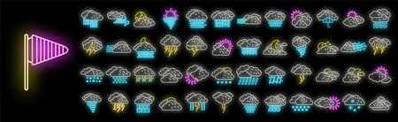 Cloudy weather icons set outline vector. Climate air. Snow rain neon color on blackのイラスト素材
