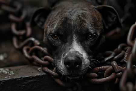 Terrified Abused dog locked in chains. Lonely sad homeless puppy dog. Generate aiの素材