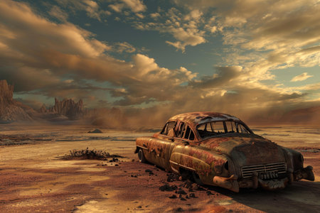 Abandoned Apocalyptic car desert. Automotive motor. Generate Aiの素材