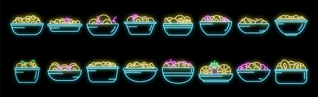 Fruit salad icons set outline vector. Meal calorie. Fresh food neon color on blackのイラスト素材
