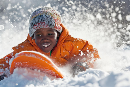 Resilient African boy sliding on snow in warm clothes. Little child enjoying frost outdoor wintertime. Generate aiの素材
