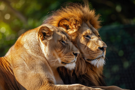 Nurturing African lion couple. Pair of wildlife pride predator animals. Generate aiの素材