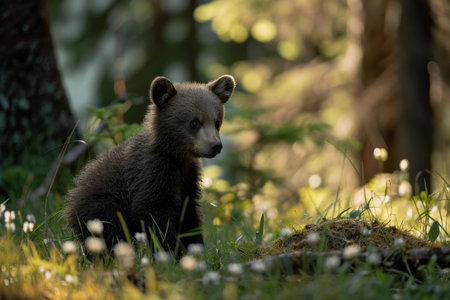 Playful Baby bear forest. Cute and very fluffy animal with brown hair walking around. Generate AIの素材