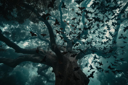 Mysterious Bat tree forest. Nature flight mammal. Generate Aiの素材