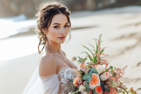 Radiant Beautiful bride beach. Dress beauty. Generate Aiの素材