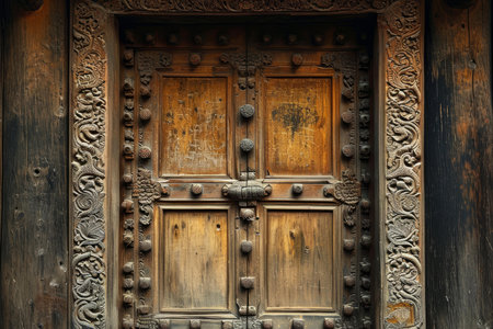 Grand Ancient wooden door with old decoration. Historical doorway architecture with medieval ornament. Generate aiの素材