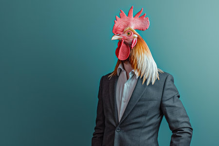 Sophisticated Anthropomorphic rooster in business suit. Chicken farm. Generate Aiの素材