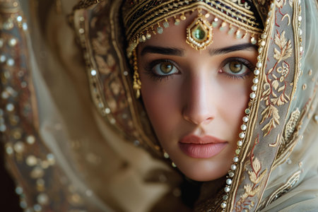 Captivating Arab woman hair colorful background. Fashion person model with cute smile. Generate Aiの素材