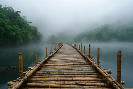 Ethereal Bamboo bridge foggy. Mist forest. Generate Aiの素材