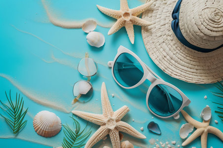 Summery Beach fashion woman sunglasses composition at hot sand. Vintage summer nature photo. Generate Aiの素材