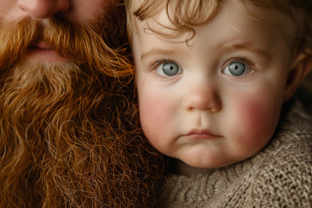 Rugged Bearded man with child. Cuddling moment of aged male with little toddler. Generate aiの素材