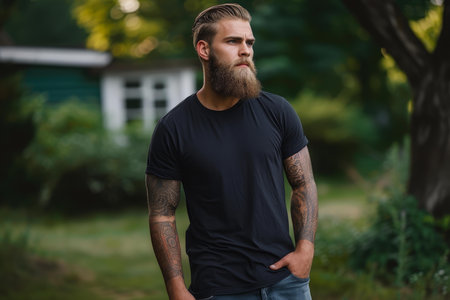 Well-dressed Bearded man black shirt guy. Happy smile. Generate Aiの素材