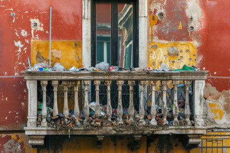 Picturesque European rubbish balcony. Retro safety. Generate Aiの素材