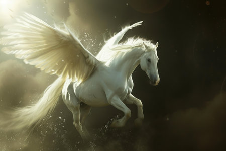 Magical White pegasus. Nature unicorn animal. Generate Aiの素材
