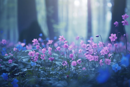 Blooming Forest flowers. Tree leaves season. Generate Aiの素材