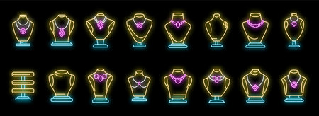 Jewelry dummy icons set outline vector. Bust chain. Diamond fashion neon color on blackのイラスト素材