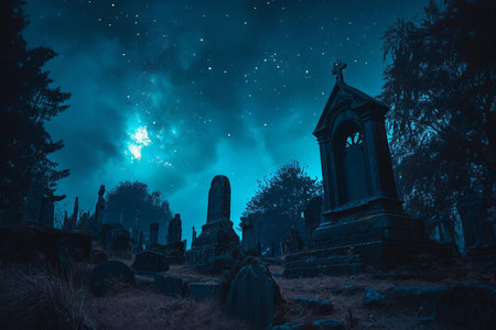Hallowed Ancient graveyard night. Cemetery zombie. Generate Aiの素材