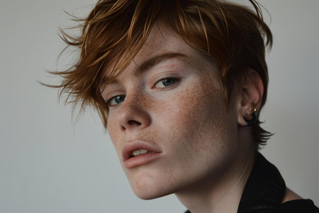 Expressive Androgynous person. Confident person smile. Generate Aiの素材