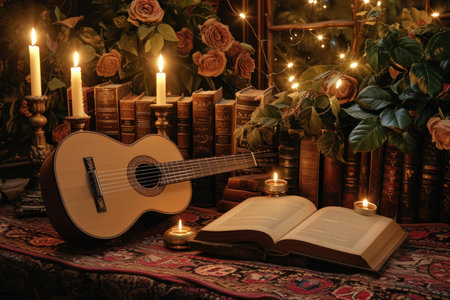 Historical Vintage instruments candles books. Incredible and artistic objects bathed glowing light. Generate AIの素材