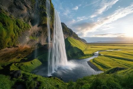 Majestic Beautiful Seljalandsfoss waterfall. Wilderness natural scenic landscape. Generate aiの素材