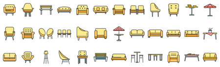 Lounge icons set outline vector. Business sofa. Office zone thin line color flat on whiteのイラスト素材