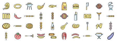Grilled food icons set outline vector. American cooked. Korean chicken thin line color flat on whiteのイラスト素材