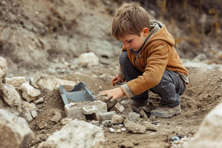Little boy is focused on playing with his toy dump truck among rocks and dirt . Generate Aiの素材