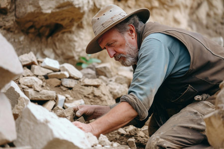 Dedicated archaeologist meticulously uncovering historical relics through careful excavation of ancient artifacts in a remote outdoor site as part of fieldwork research and exploration . Generate Aiの素材