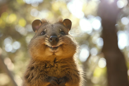 Close-up of a joyful quokka surrounded by a sunlit forest backgroundの素材