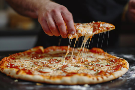 Close-up of a chefs hands as they serve a hot, cheesy pizzaの素材