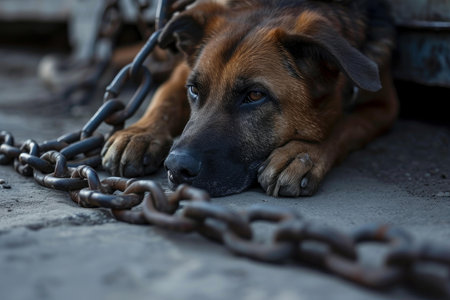 Tormented Abused dog locked in chains. Lonely sad homeless puppy dog. Generate aiの素材