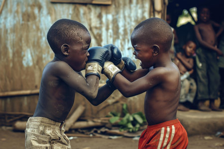 Children in sportswear practicing boxing outdoors, displaying discipline and determinationの素材