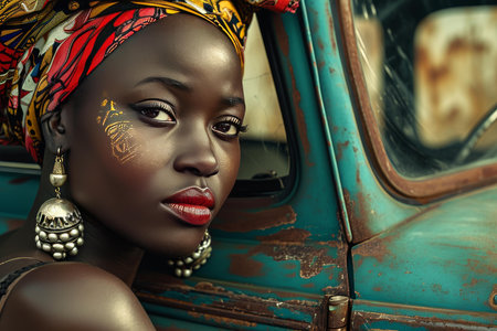 Resilient African female driving. Happy freedom. Generate Aiの素材