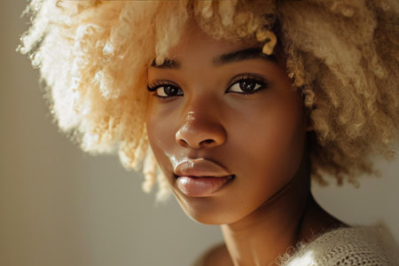 Close-up portrait of a serene and confident young adult woman with curly hair exuding natural beauty. Grace. And femininity. Captured in soft and warm light. Elegant fashionの素材