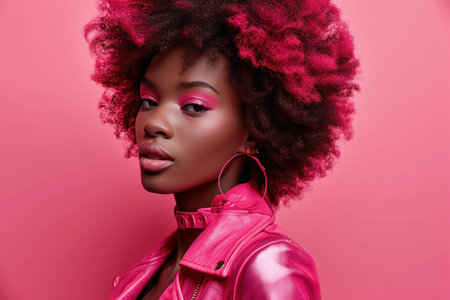 Vibrant portrait of an african american woman with striking pink makeup, matching her stylish leather jacketの素材