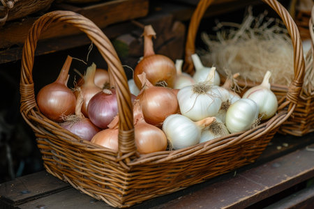 Fresh Basket onion garlic. Food harvest plant. Generate Aiの素材
