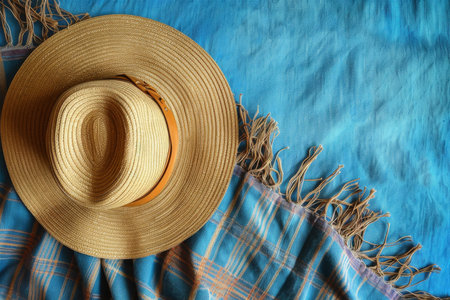 Protective Beach towel straw hat. Sand relax live travel beach. Generate Aiの素材