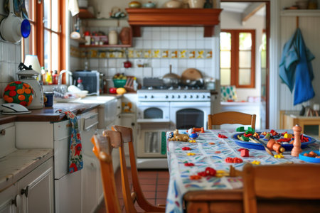 Warm, lived-in kitchen filled with toys, suggesting a busy family lifeの素材