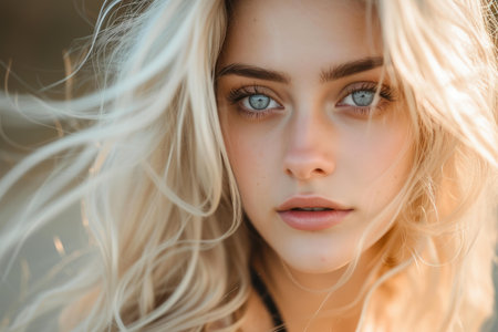Youthful Beautiful girl blonde hair. Fashionable and originally lady. Generate AIの素材